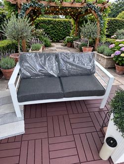 NEW WHITE ALUMINUM 2 PERSON LOVESEAT (GREY CUSHIONS)
