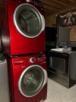 Samsung Red Front-Load Washer and Gas Dryer stackable Set