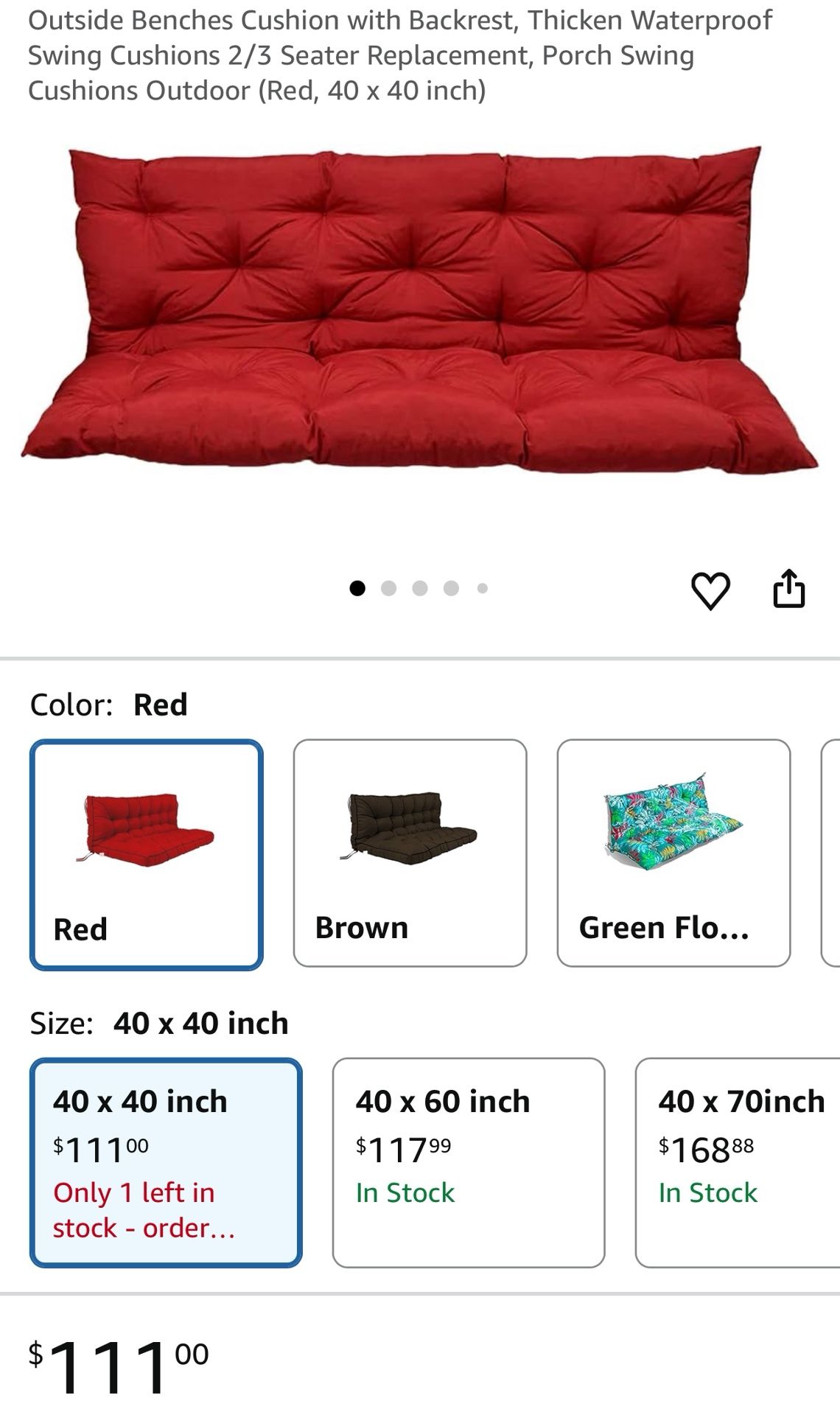 Outside Benches Cushion with Backrest, Thicken Waterproof Swing Cushions 2/3 Seater Replacement, Porch Swing Cushions Outdoor (Red, 40 x 40 inch)