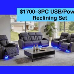 💥FREE DELIVERY💥Brand New POWER, LED, USB  3PC Reclining Sofa Loveseat Chair Set 