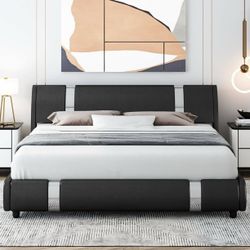 O321 $140  Queen Size Bed Frame, Modern Leather Upholstered Platform Bed Frame with Adjustable Headboard, Black Upholstered Bed Frame - This Homfa bed