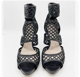 MIU MIU Black Leather Lasercut Cage Platform Sandals Heels Size 39.5  $795