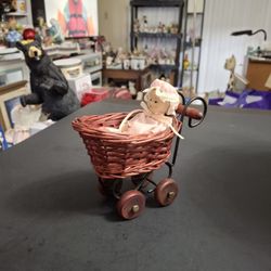 Vintage Miniature Wicker Doll Carriage W/3.5" Porcelain Doll W/Moveable Arms & Legs, Sturdy Wicker Carriage W/Metal Frame Working Wood Wheels