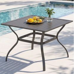 PHI VILLA Patio Table w/Umbrella Hole, Black Metal Dining Table 37" wrought iron table, weather resistant. Slatted table top design. Perfect for outdo