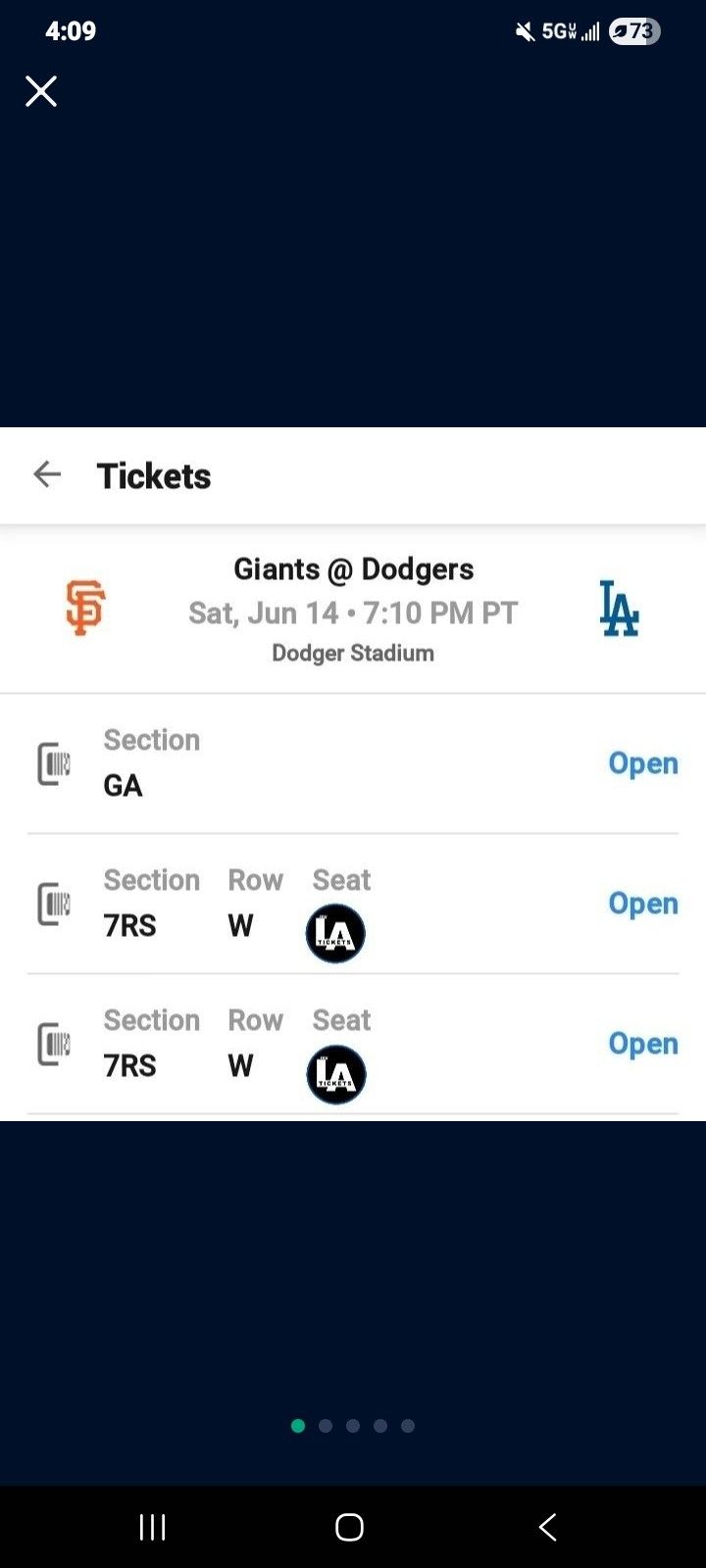 2 TICKETS Dodgers VS GIANTS - RESERVE 7 - EXTRA LEG ROOM - SATURDAY - SHADE $80 Each 