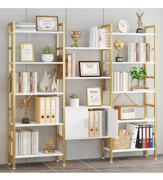 Yusong Bookshelf Triple Wide 5 Tier Bookcases with Storage Cabinet