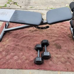 6 POSITIONS ADJUSTABLE BENCH AND A SET OF 30LB HEXHEAD DUMBBELLS TOTAL 60LBs 
7111.S WESTERN WALGREENS 
$100. CASH ONLY AS IS