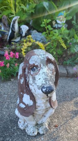 Vintage Weathered Concrete Bassett Hound Garden Statue