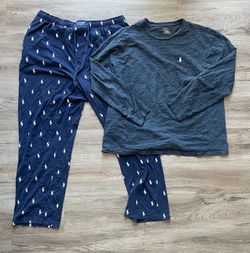 Men Size Large Polo Ralph Lauren Long Sleeve Shirt Pajama Pants XL Blue Sleepwear All Over Set Bundle