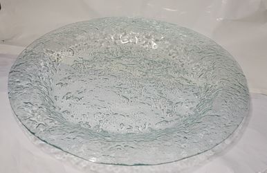 Massive 24" Vintage Brutalist Ice Glass Centerpiece Bowl Wide Lip Hand Spun MCM