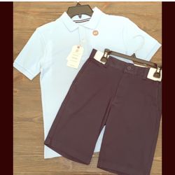 NWT Boys Sz 10-12 School Uniform Shirt Shorts Set Light Blue Polo Navy Shorts 