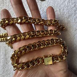 14k Gold Plated Cuban Link Chain And Bracelet Cadena Y Manilla