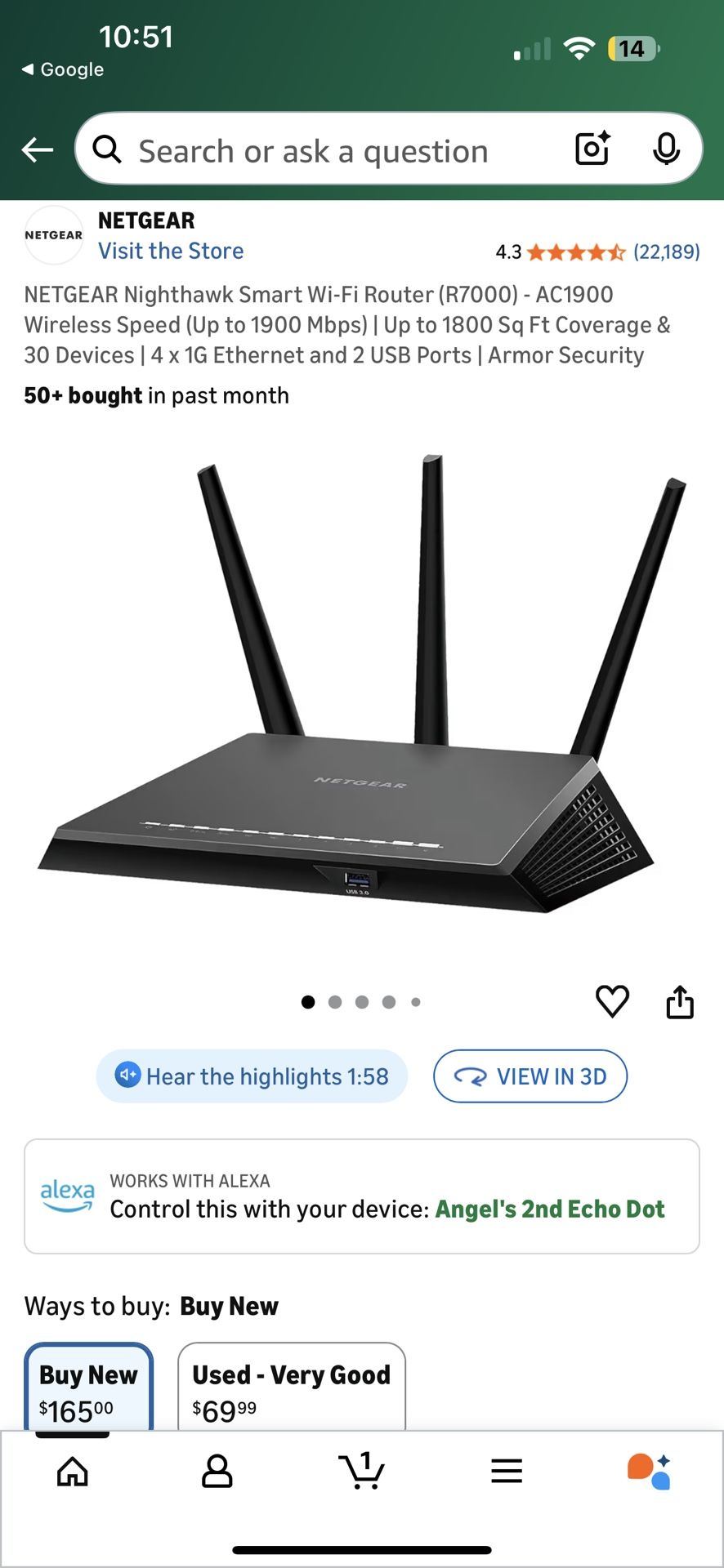 NETGEAR Nighthawk Smart Wi-Fi Router (R7000) - AC1900 Wireless Speed (Up to 1900 Mbps) | Up to 1800 Sq Ft Coverage & 30 Devices | 4 x 1G Ethernet and