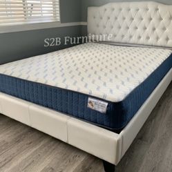 Queen White Crystal Button Bed