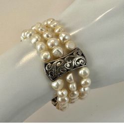 Cultured Fresh Water Pearl Silver Plated Stretchy Bracelet 