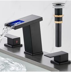 LED Bathroom Faucet 3 Hole, Matte Black Waterfall Bathroom Faucets 8 Inch Widespread Modern Bathroom Sink Faucet & Parts, Wide Spread Touch On Three H