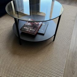 Round Glass Coffee Table + Wooden Tray (Set)