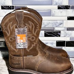 HISEA NINGO Men Steel Toe Work Boots Waterproof Square Toe Leather Western Boot