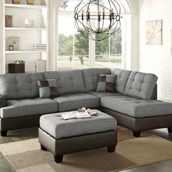 Brand New Grey & Espresso Sectional Sofa w Ottoman 