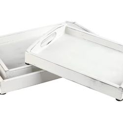 MyGift Vintage Rustic Whitewashed Wood Nesting Serving Trays/Decorative Ottoman Trays with Oval Cutout Handles, Set of 3