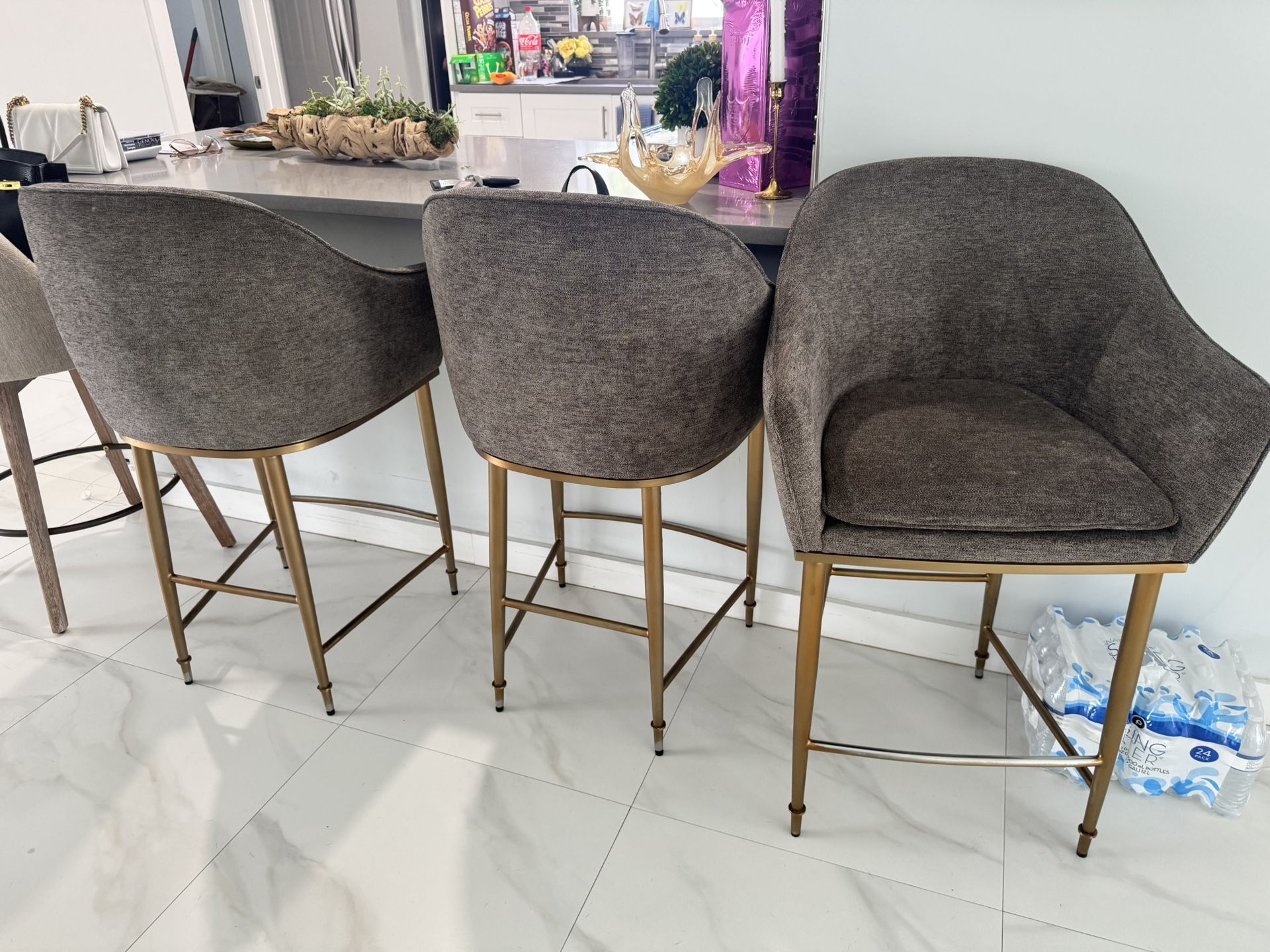 3 Bar Stools - Grey & Brass
