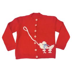 Vintage 1950's Girls Sweater Cardigan POODLE Red Handmade