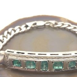 950 Silver and Real Emeralds Curb Chain Bracelet 8.25"

