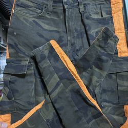 GOLDEN DENIM LOS ANGELES CAMO PANEL ORANGE STRIPE SKINNY JEANS