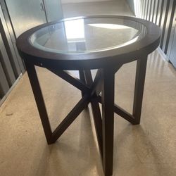 FOR SALE: Set of 2 Matching Round Glass & Wood Accent Tables