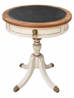 Vintage French Provincial Duncan Phyfe Drum Table Round Accent Table & Lion Head Pull Drawer