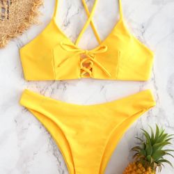Yellow lace up bikini set size small with tags #beachwear