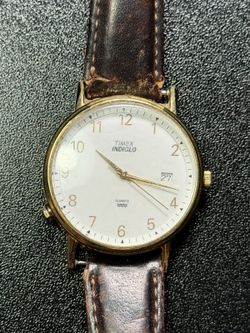 Timex Indiglo Men's Gold Tone Cream Dial Date Brown Leather Watch Untested As-Is