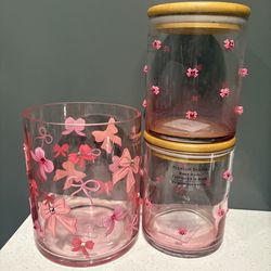 3 Pink Bow Glass Set