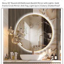 Niccy 30" Round LED Bathroom Backlit Mirror with Lights -Gold Frame Circle Mirror; Anti-Fog