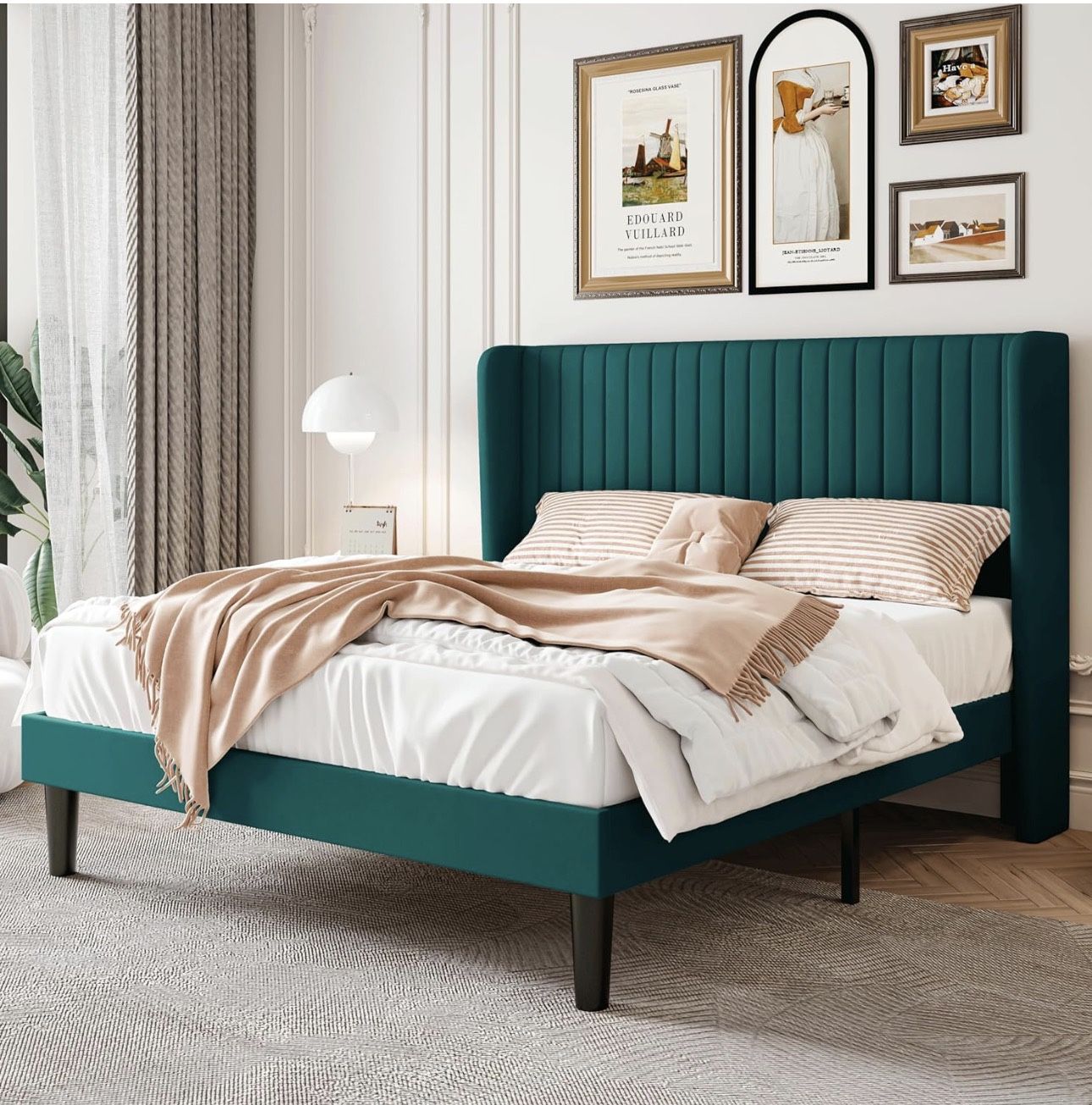 King Size Bed Frame/Velvet Upholstered Platform Bed/Vertical Channel Tufted Wingback Headboard/Strong Wooden Slats/No Box Spring Needed/Easy Assembly/