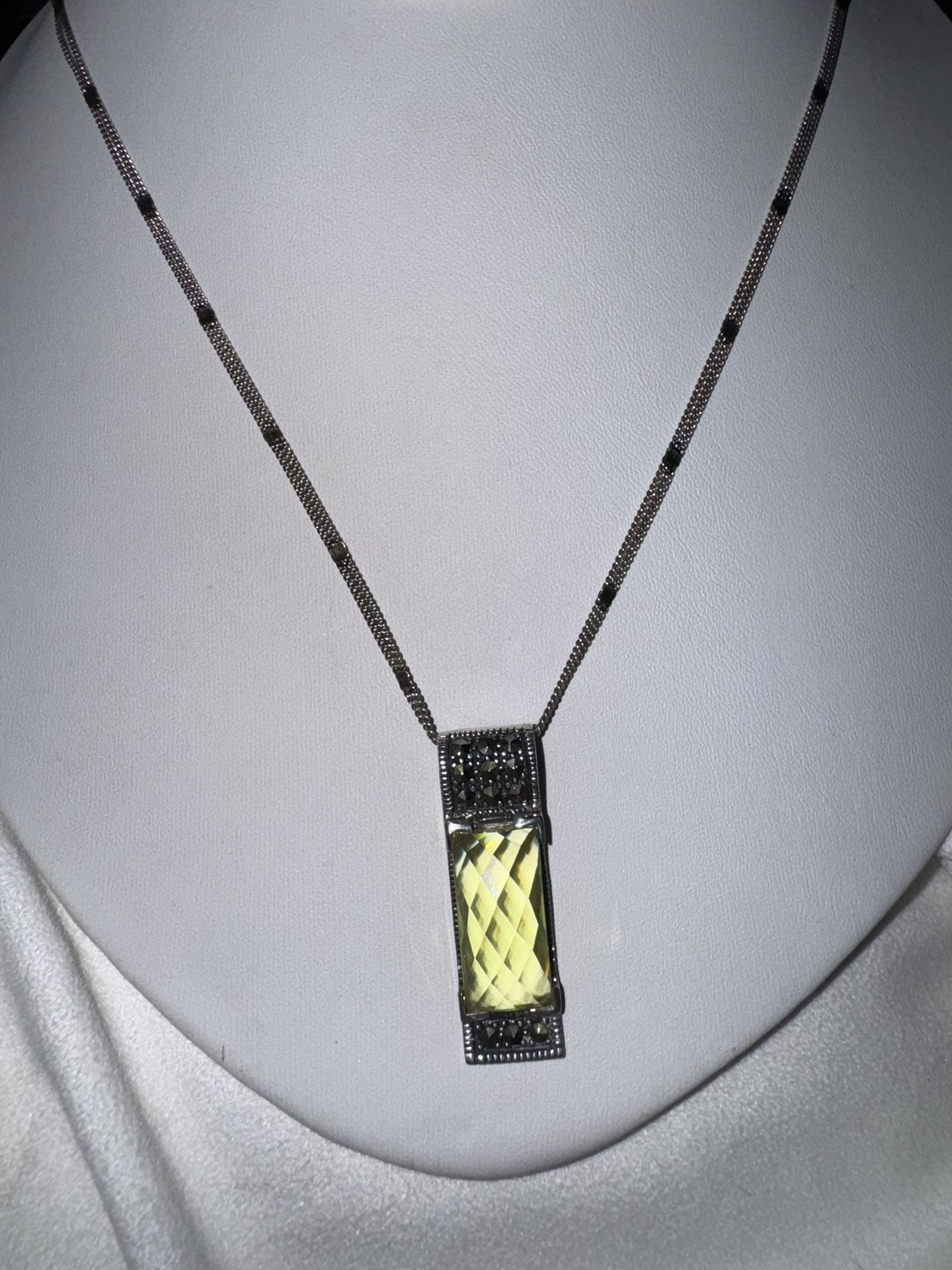 Stunning Vintage Sterling & Marcasite Lemon Quartz Pendant on Sterling Diamond cut Chain  