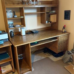 Oak Desk, Shelf And Printer Table 
