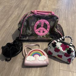 Girls’ Rolling JUSTICE Duffle Bag And 3 Other Purses Including A Betsy Johnson Purse - All For $30 - All Very Good Clean Condition No