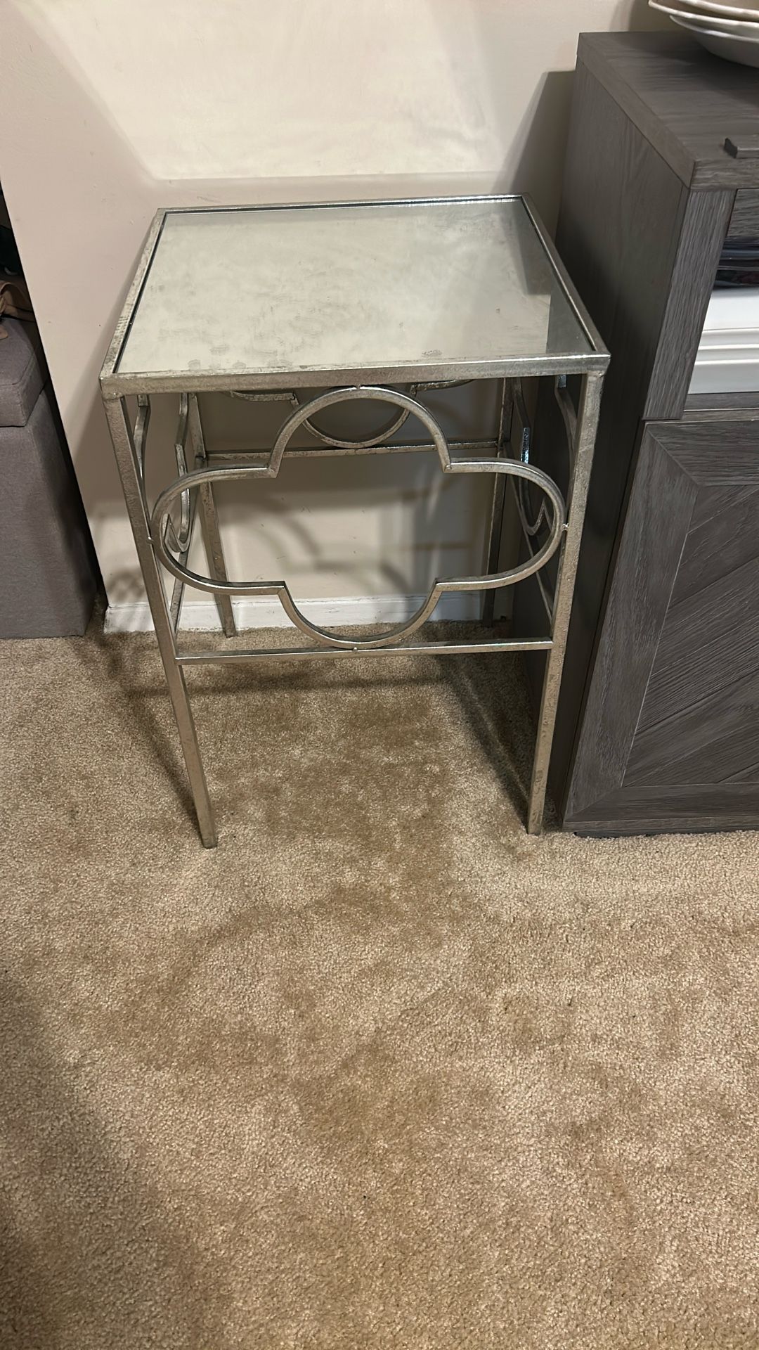 Side table, nightstand, mirror, silver color