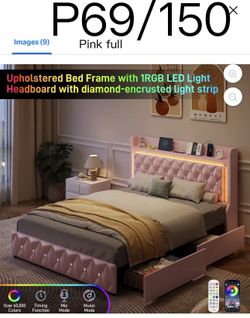 P69🔥 Full Size Bed Frame with Power Outlet & 4 Drawers, Upholstered PU Leather Platform Bed with Diamond Tufted Storage Headboard&Footboard, No Box S