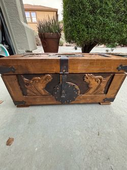 Antique Carved Wood Trunk with Iron Hardware