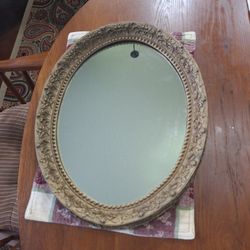 VINTAGE GOLD TONE  OVAL FRAME WALL PICTURE MIRROR/MIRRORED TRAY - Hollywood Regency Style