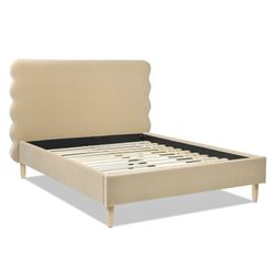 King Size Modern Upholstered Bed Frame - Velvet Headboard. Wood Legs, Easy Assembly