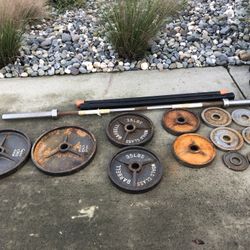 Barbell (45 lbs) + 245 Pounds of Weight Plates (2x45, 2x35, 2x25, 2x10, 2x5, 2x2.5) plus bench press 