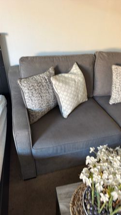 Gray Fabric Sofa with Throw Pillows