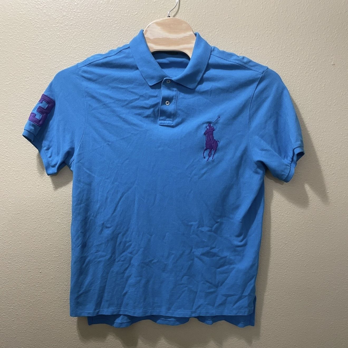 Men’s XXL Polo Ralph Lauren Custom Fit Sky Blue Purple Big Pony #3 Polo Shirt