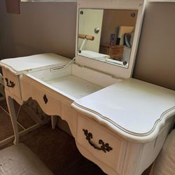 Vintage White Wood Vanity and Desk with Outlet 