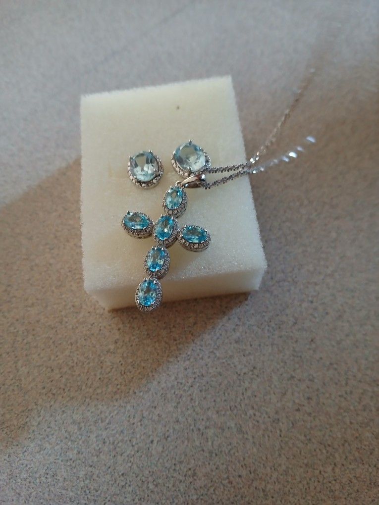 Blue Topaz Cross And Earrings