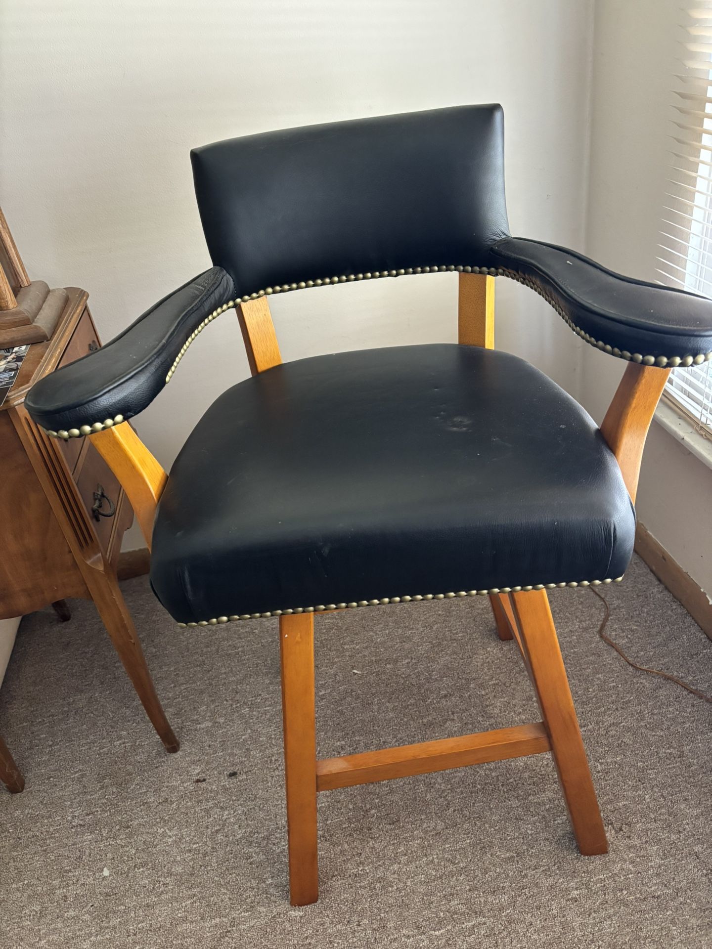 Classic Leather And Wood Swivel Bar Stool With Arms