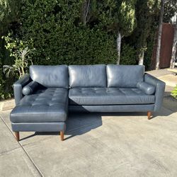 Mid Century Modern Tufted Leather Reversible Sectional Sofa Chaise Couch